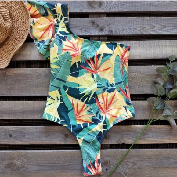 SOLD OUT CLEARANCE Tropical Palm Banana Leaf One Shoulder Swimsuit - Picture 2 of 3